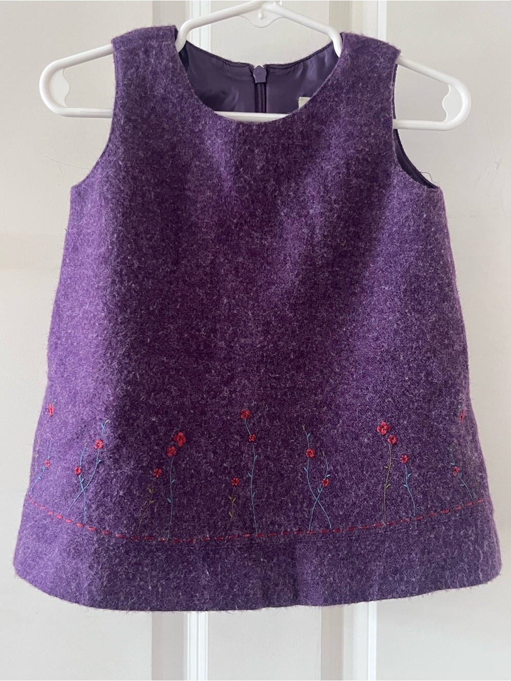 Girls' Purple Wool A-Line Dress with Floral Embroidery